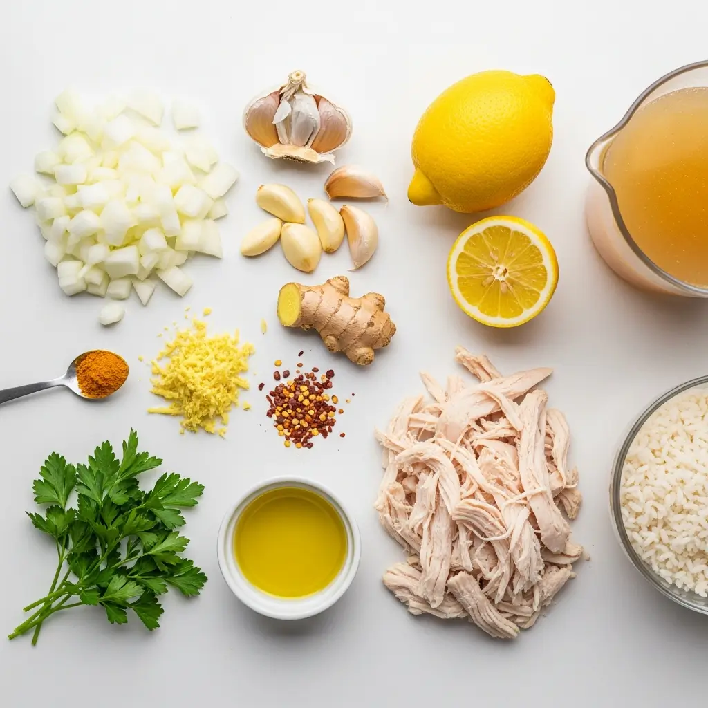 Ingredients for Lemon Ginger Turmeric Chicken and Rice Soup