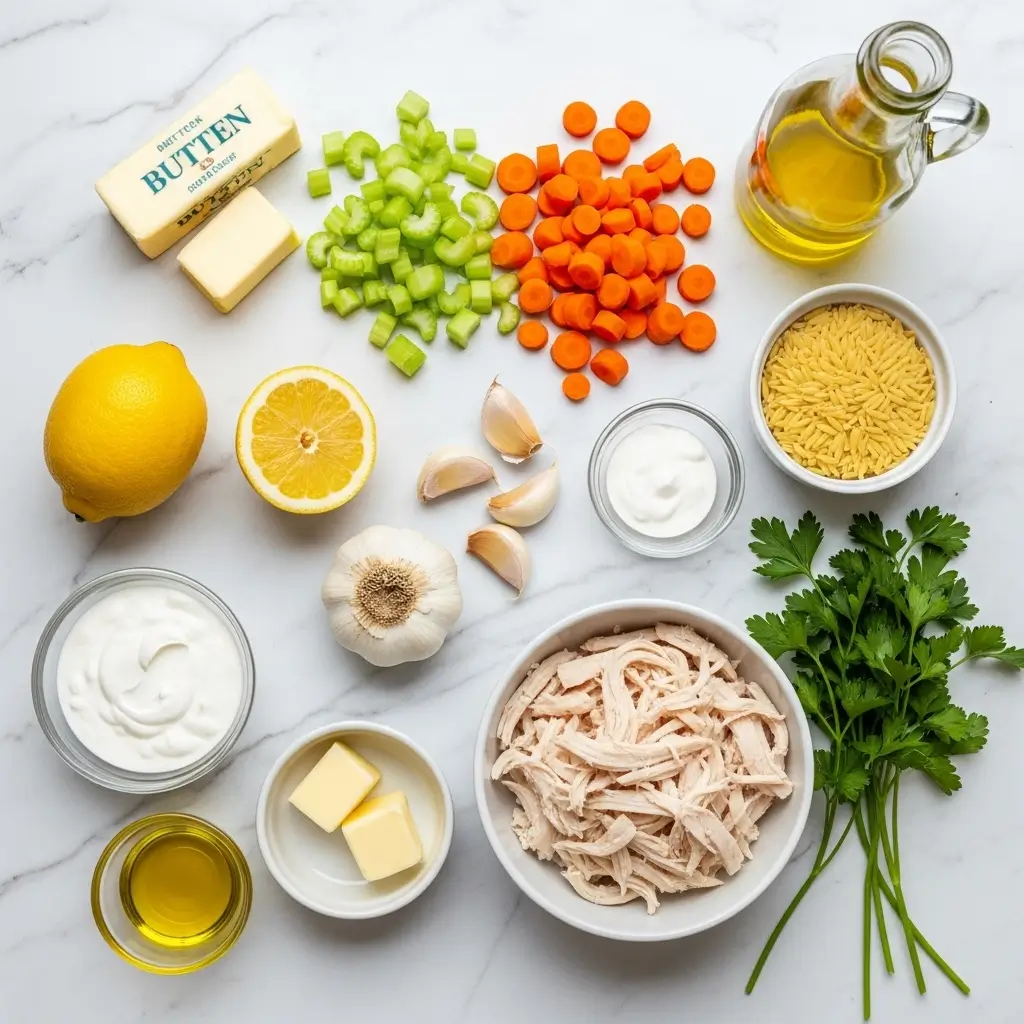 Ingredients for lemony chicken orzo soup laid out on counter