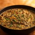 Lentil Mushroom Stroganoff in bowl over egg noodles