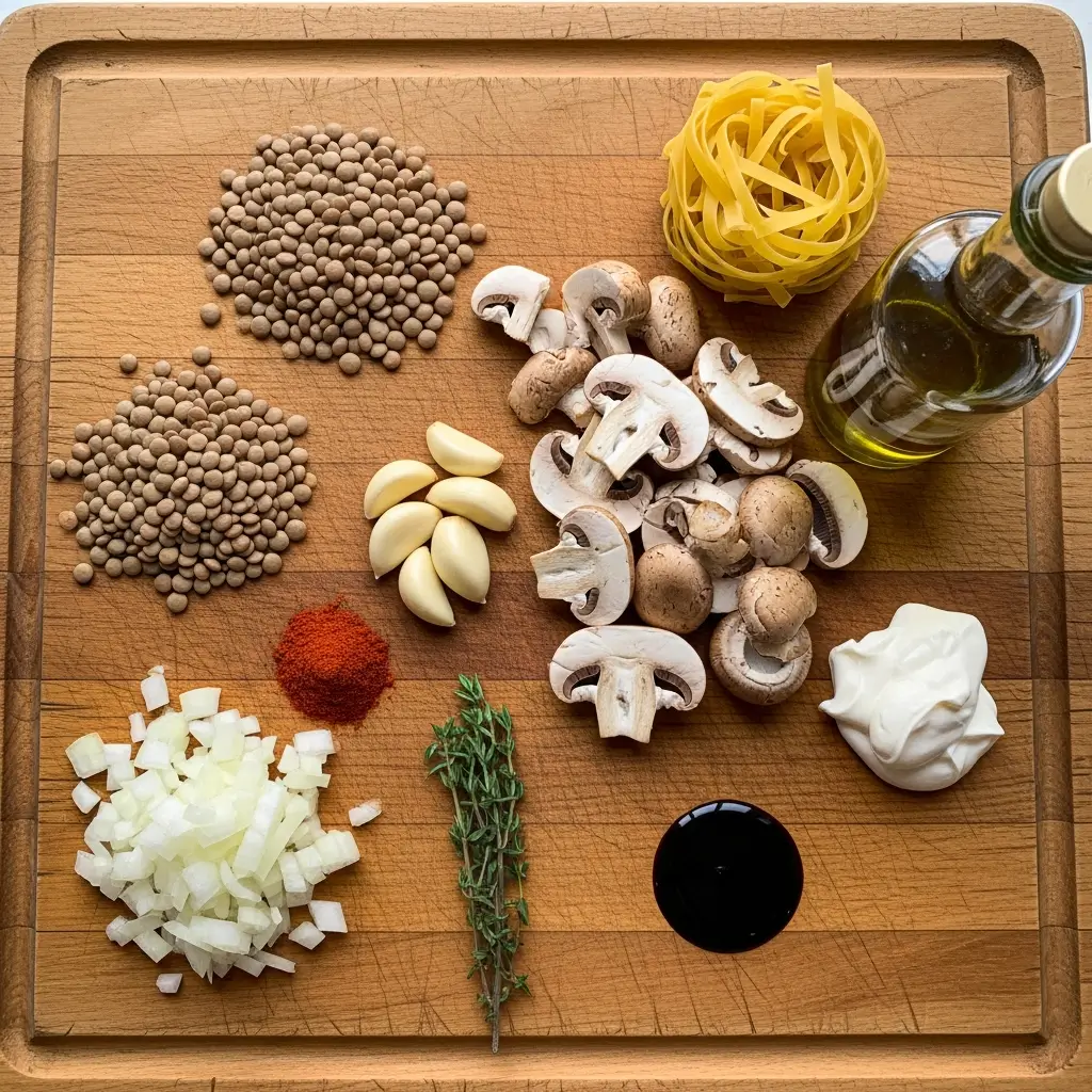 Lentil Mushroom Stroganoff ingredients laid out