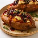 Maple Pecan & Brie Stuffed Sweet Potatoes with Cranberry Glaze