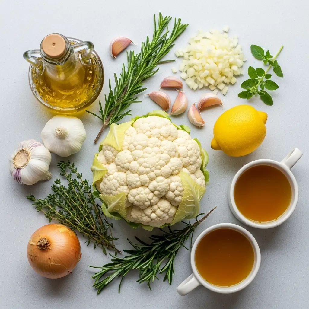 Ingredients for Mediterranean Cauliflower Soup including cauliflower and herbs