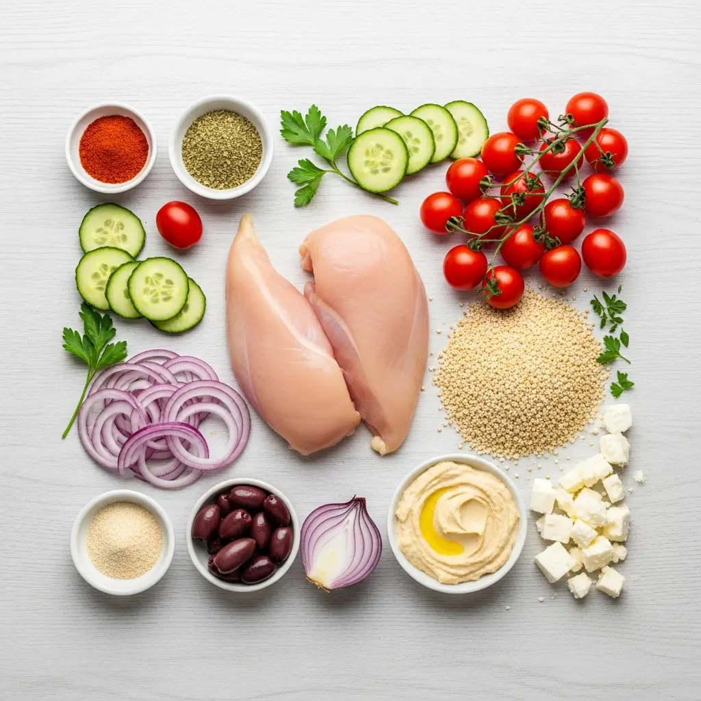 Mediterranean Chicken Bowl Ingredients Flat Lay