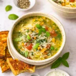 Mediterranean Orzo Soup in a cozy kitchen setting