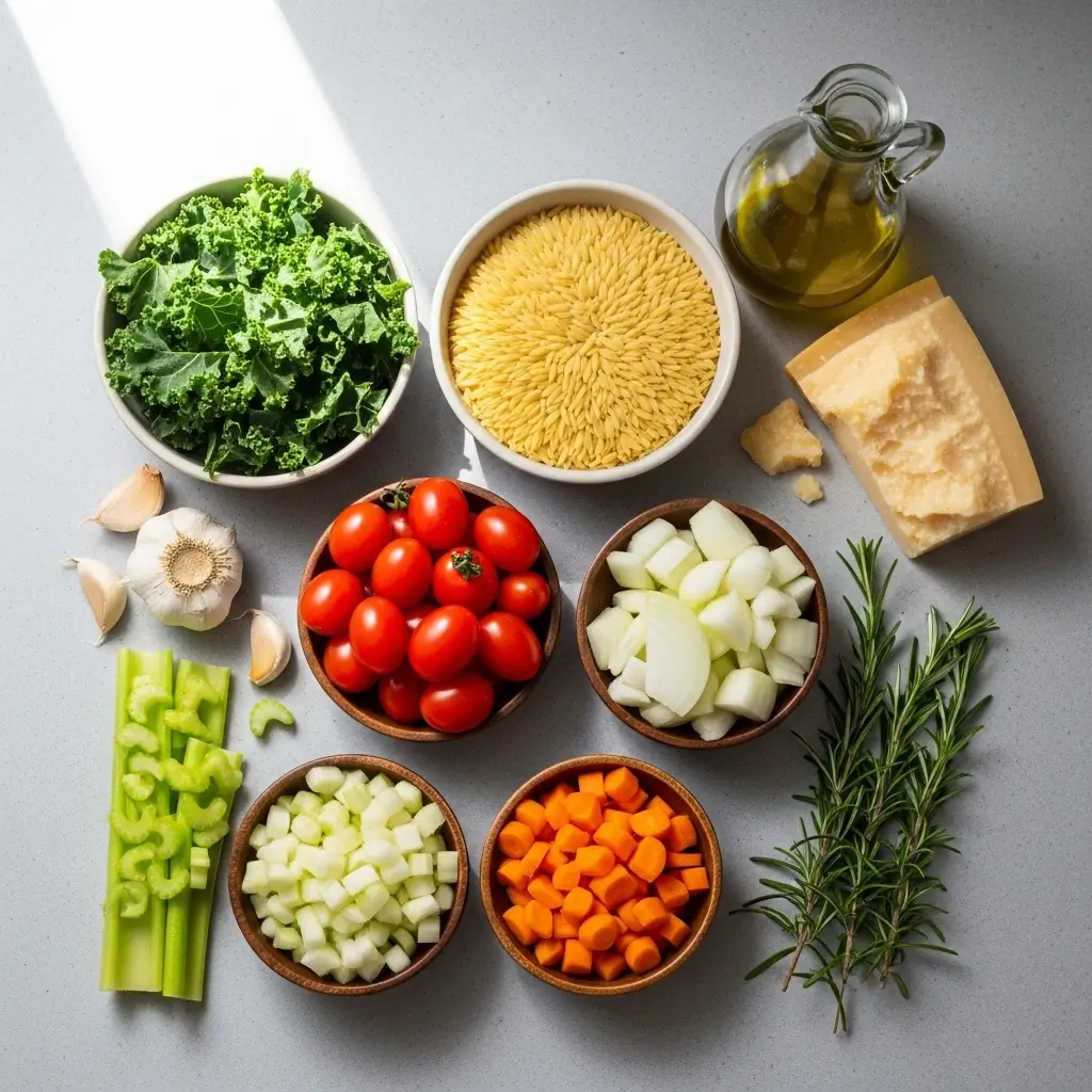 Mediterranean Orzo Soup ingredients flat lay