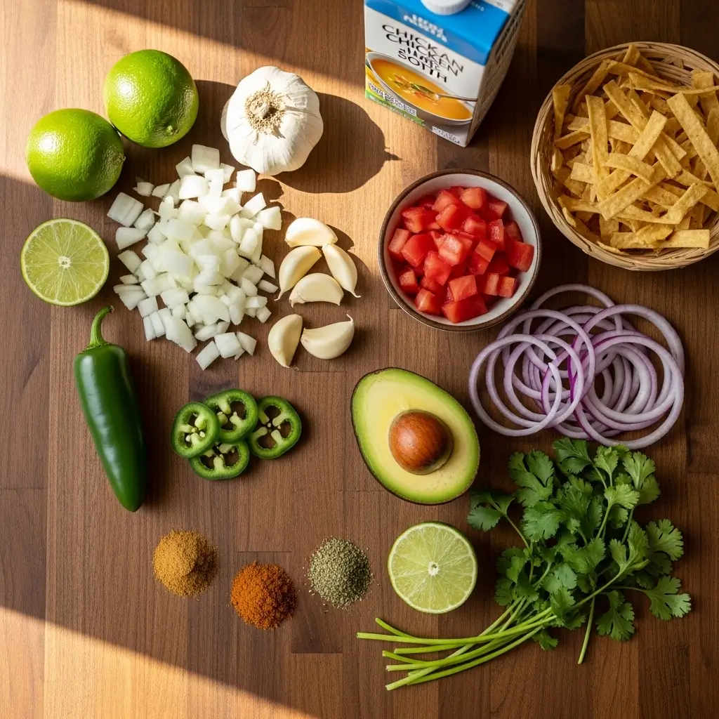 Ingredients for Mexican Chicken Lime Soup recipe laid out
