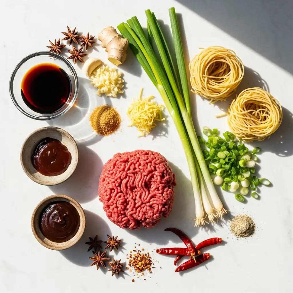 Ingredients for Mongolian Ground Beef Noodles on a kitchen surface