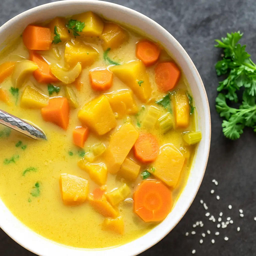 Nourishing Turmeric Golden Soup in a rustic bowl