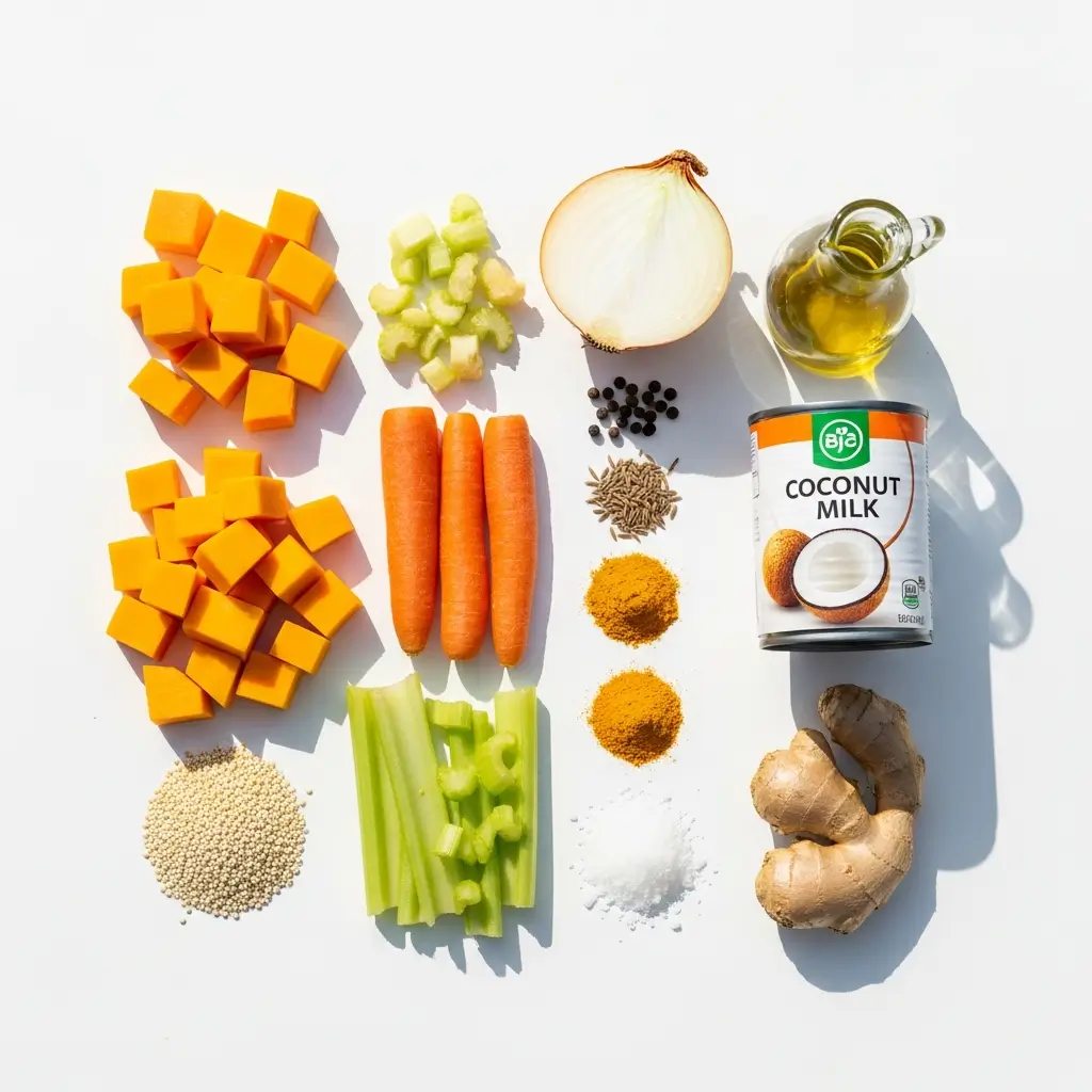 Ingredients for Nourishing Turmeric Golden Soup on a table