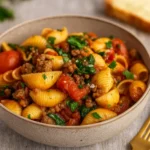 One-Pan Healthy Ground Beef Pasta served in skillet