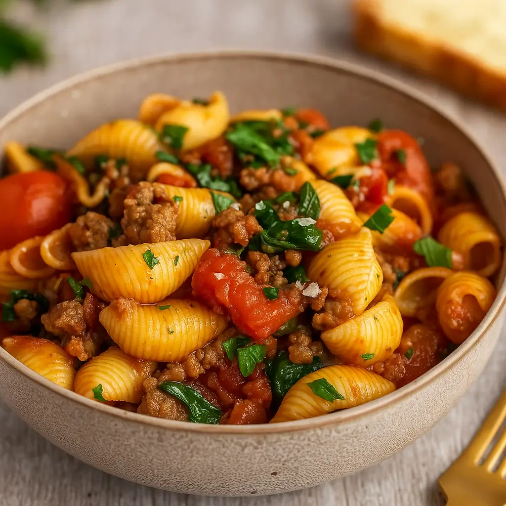 One-Pan Healthy Ground Beef Pasta served in skillet