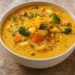 One Pot Creamy Vegetable Soup in rustic kitchen