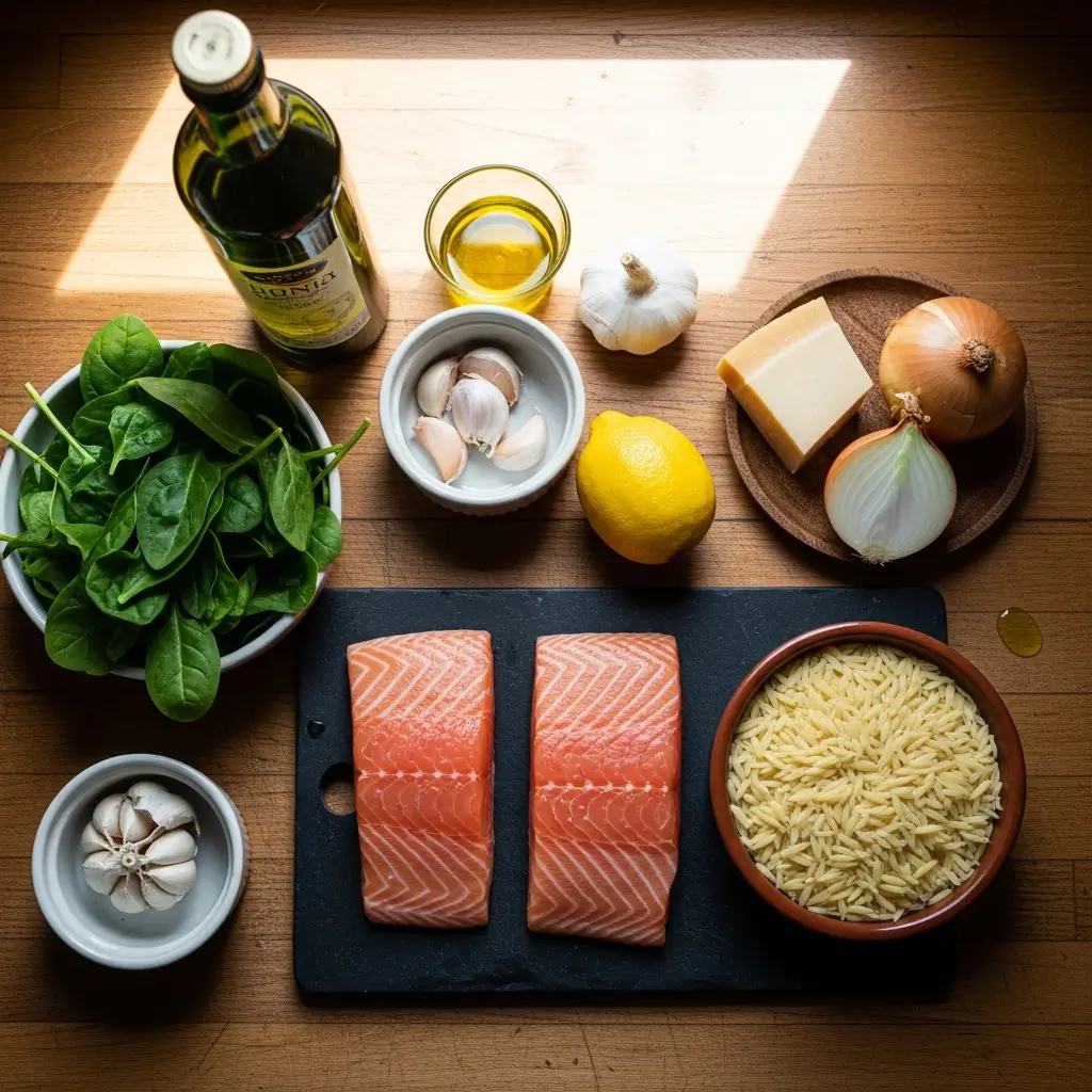 Ingredients for One Skillet Salmon with Lemon Orzo