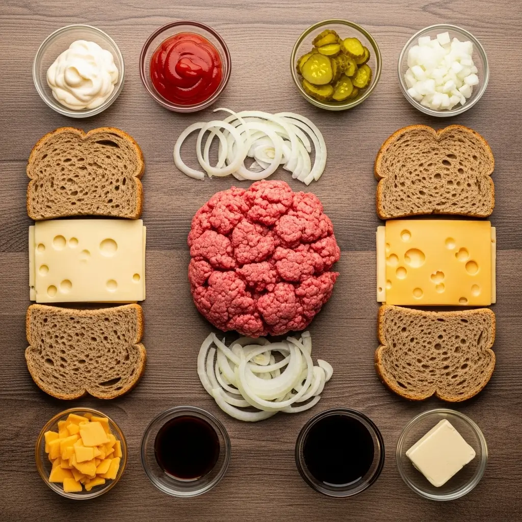 Patty Melt Ingredients arranged on kitchen counter