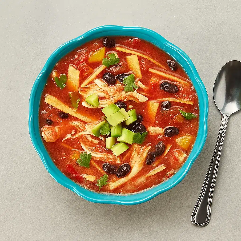 Pioneer Woman Chicken Tortilla Soup in a bowl with toppings