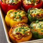 Pioneer Woman stuffed pepper casserole with melted cheese