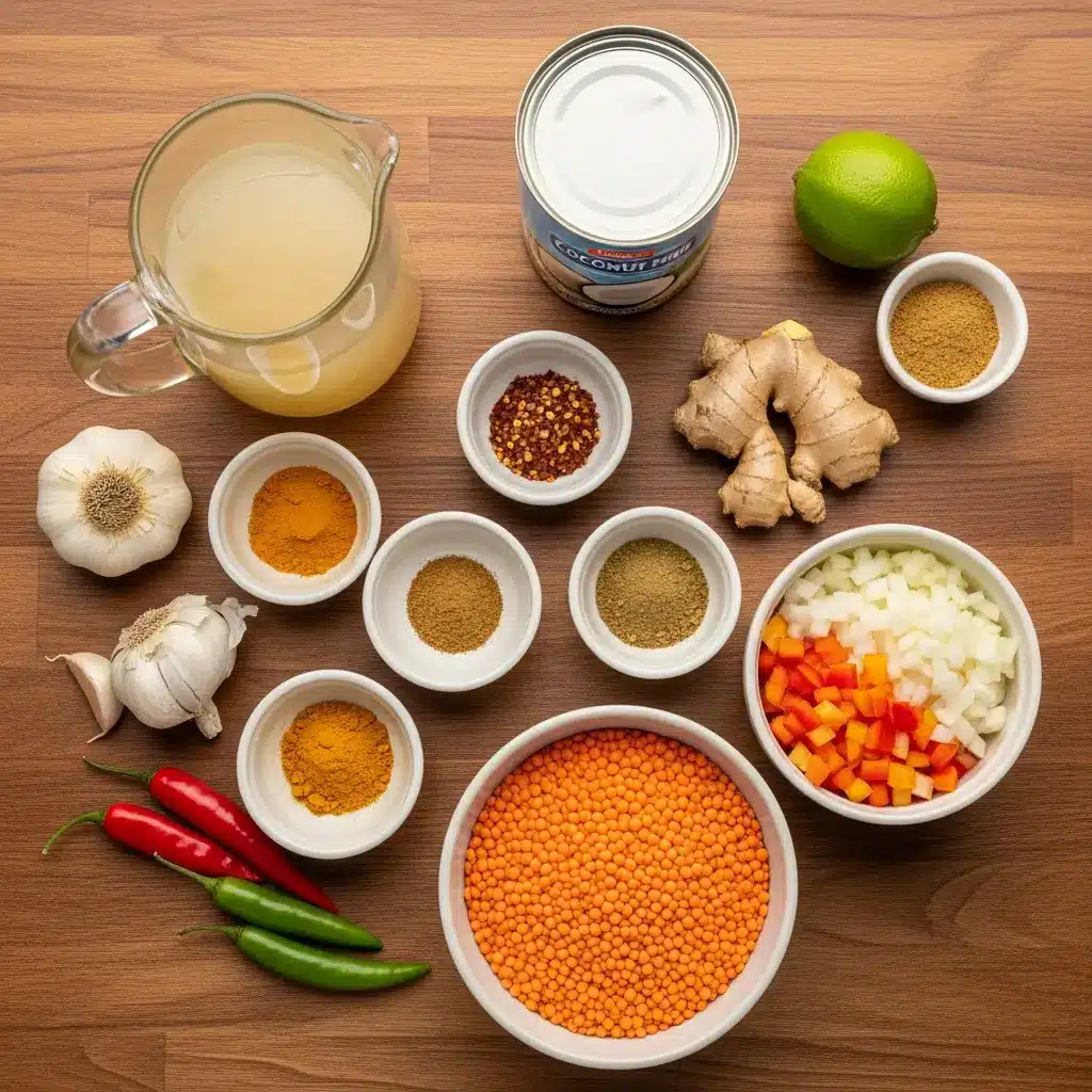 red lentil dahl ingredients on a wooden kitchen counter