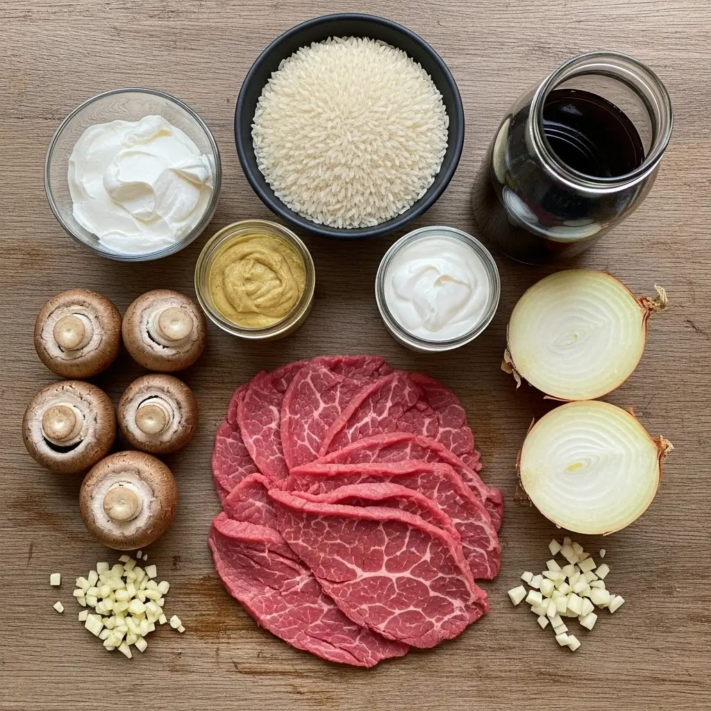 Ingredients for Rich Beef Stroganoff With Rice on table
