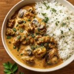 Rich Beef Stroganoff With Rice served in a rustic bowl