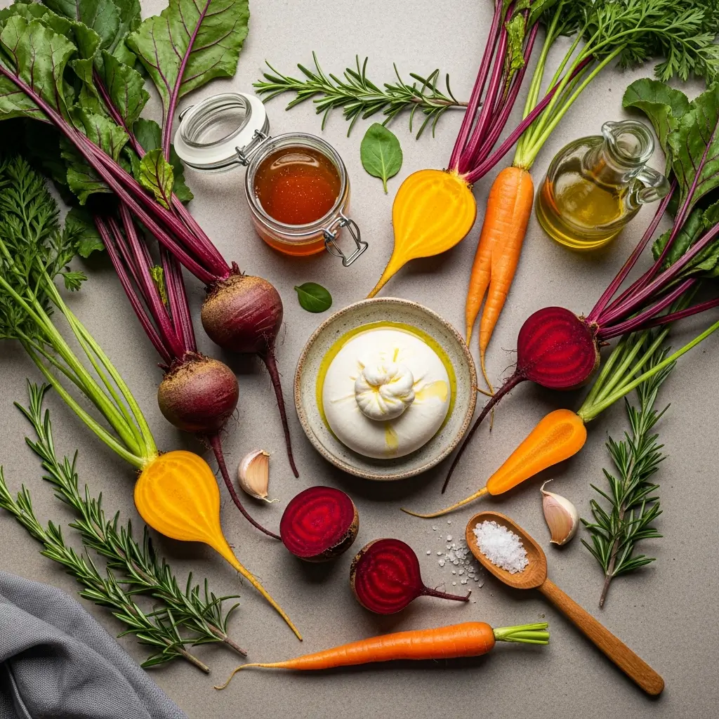 Ingredients for Roasted Beets and Carrots Salad with Burrata