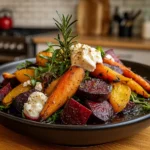 Roasted Beets and Carrots Salad with Burrata on rustic plate