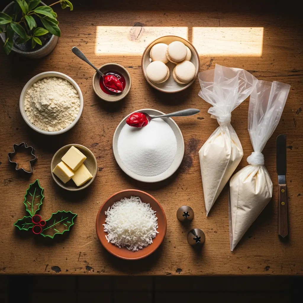 Santa Claus Macaron ingredients on kitchen counter