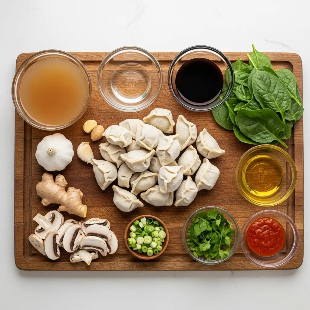 Ingredients for Savory Asian Potsticker Soup displayed on kitchen counter