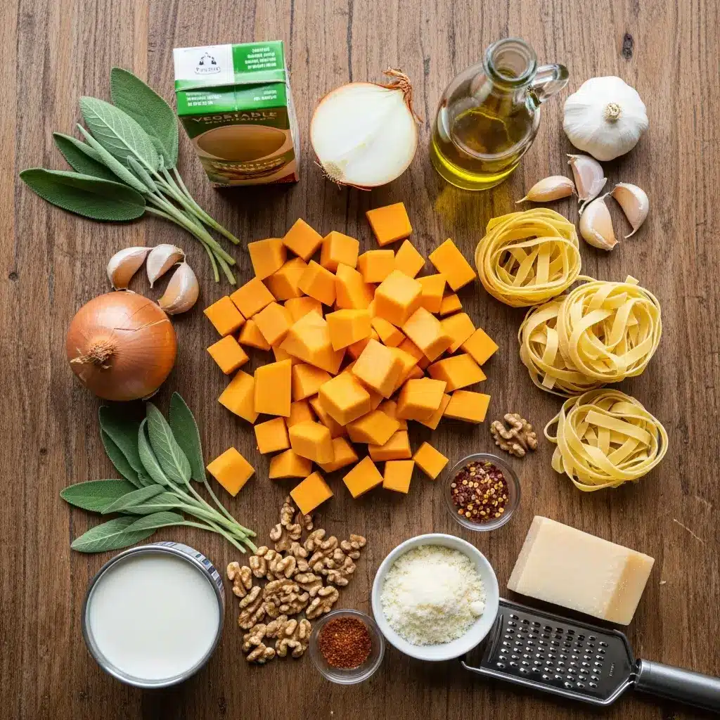 Ingredients for making savory butternut squash & sage pasta