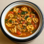 Slow Cooker Tortellini Soup in a bowl on a rustic table