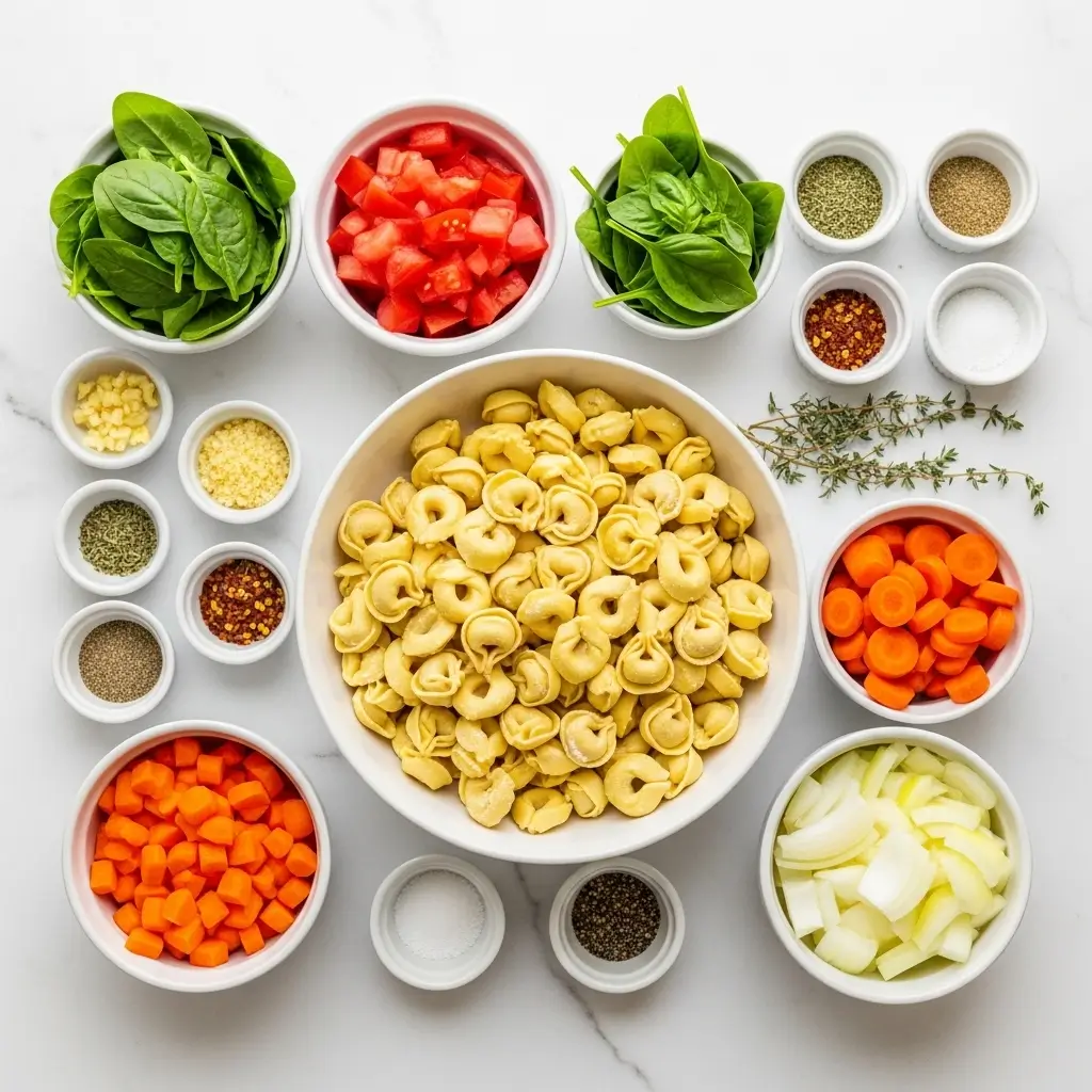 Ingredients for Slow Cooker Tortellini Soup on a countertop