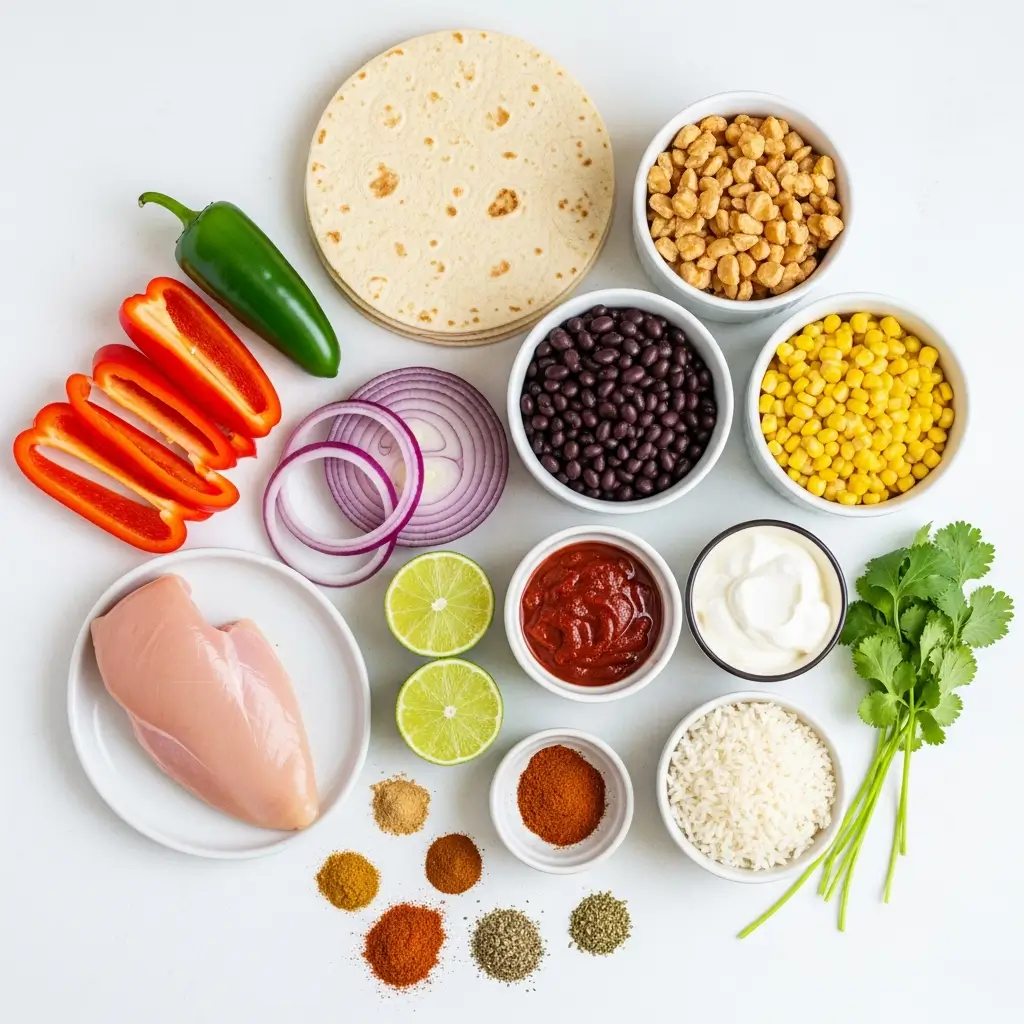 Ingredients for Southwest Chicken Wraps laid out on kitchen counter
