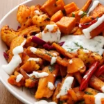 Spicy Chicken and Roasted Vegetables Bowls overhead view