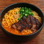 Spicy Korean Ramen with Grilled Beef and Creamy Sauce