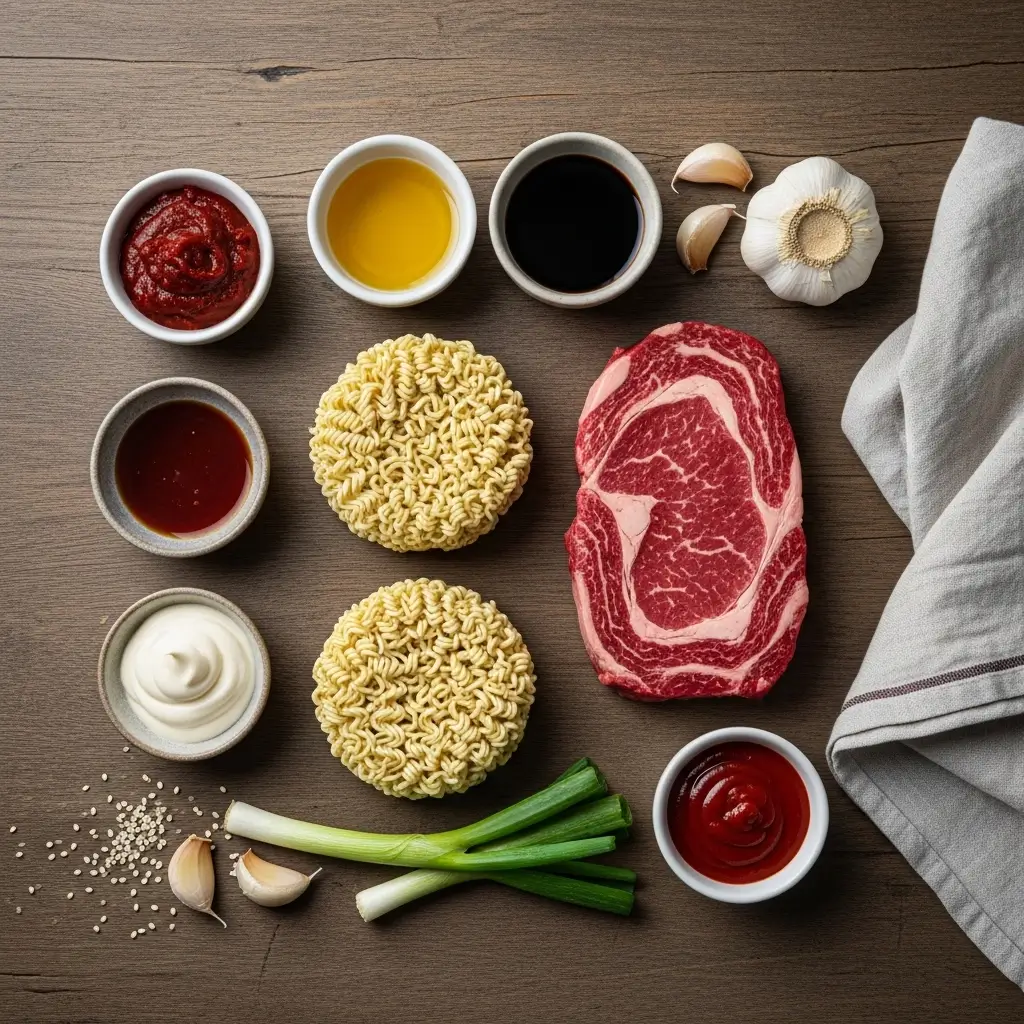 Ingredients for Spicy Korean Ramen with Grilled Beef
