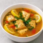 Spicy Lemon Fish Soup in a rustic bowl with chili and lemon