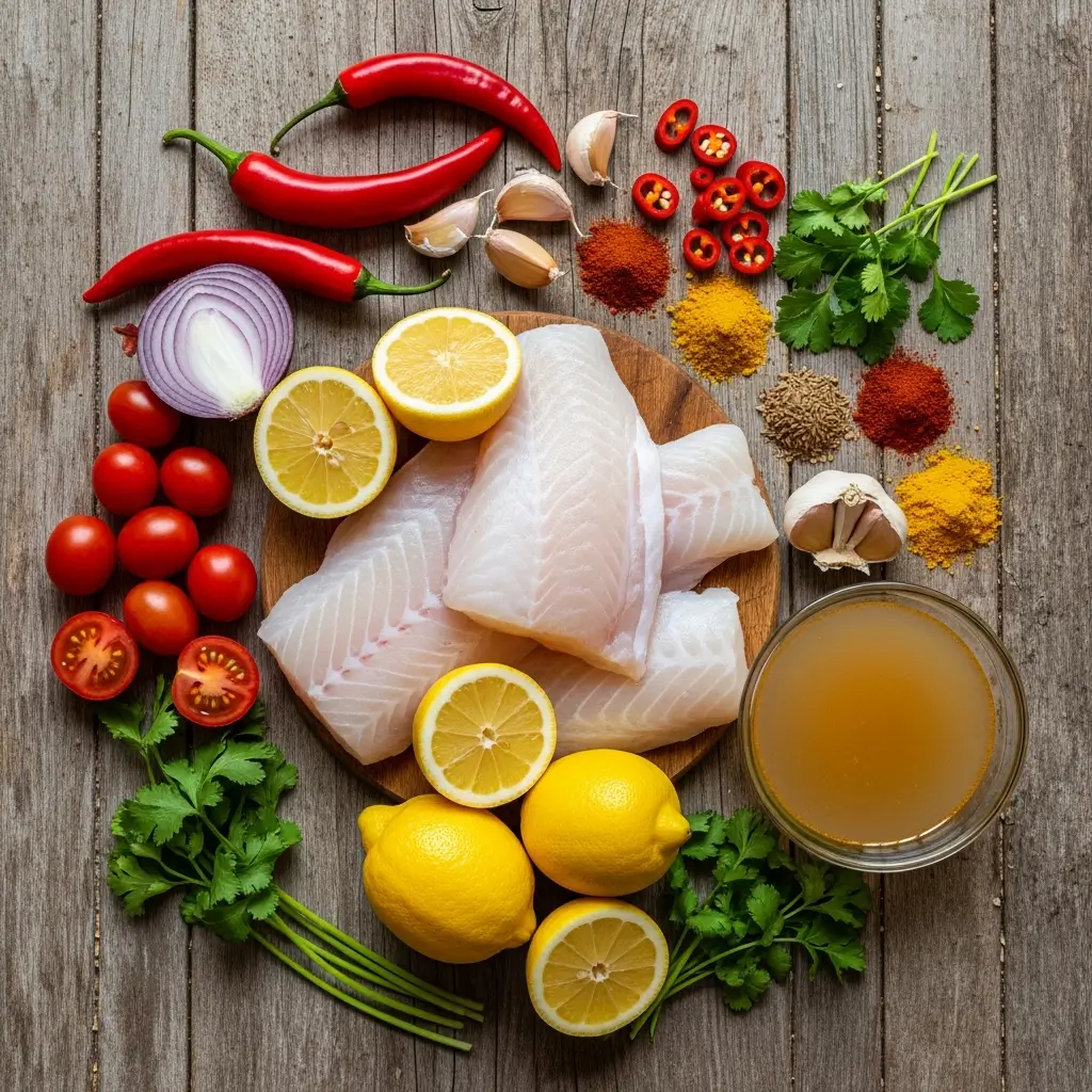Ingredients for spicy lemon fish soup laid out on a wooden table