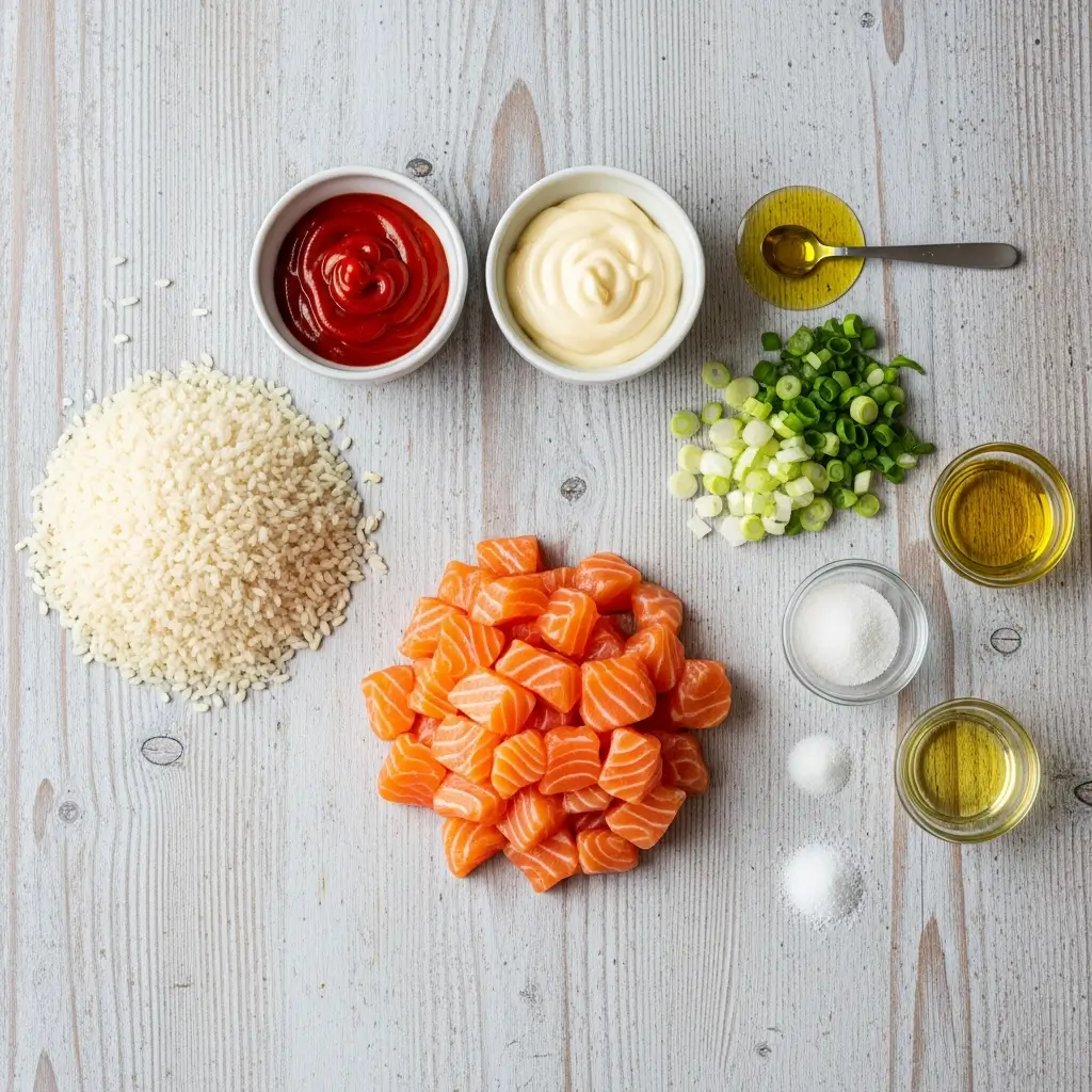 Ingredients for Spicy Salmon Sushi Bake laid out in bowls