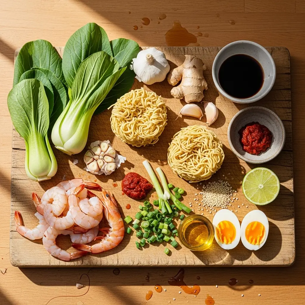 Ingredients for Spicy Shrimp Ramen arranged on counter