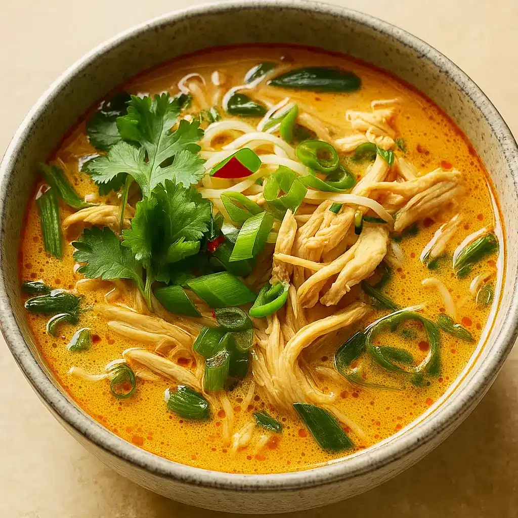Spicy Thai Curry Chicken Soup in a bowl with garnishes