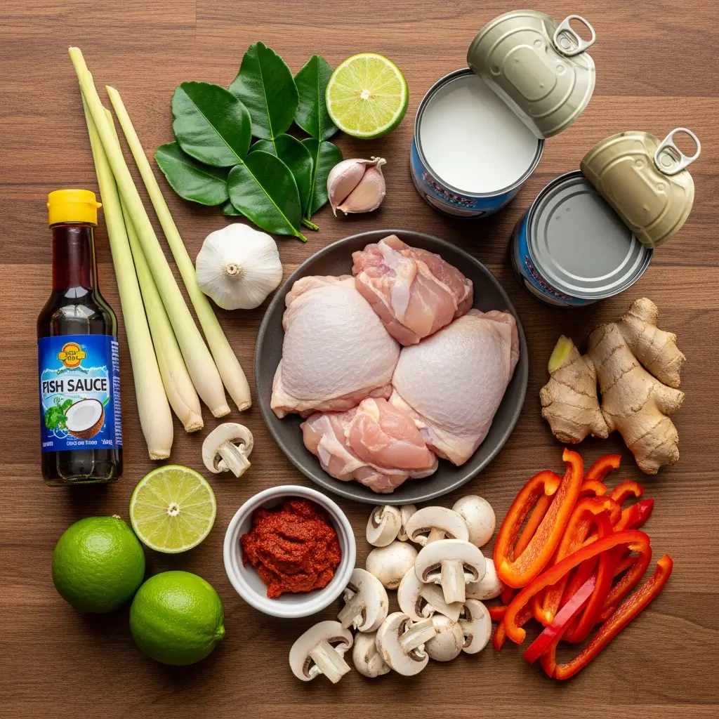 Ingredients for Spicy Thai Curry Chicken Soup on table
