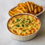 Spinach and Artichoke Dip served in white baking dish