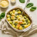 Spinach and Artichoke Gnocchi Bake in skillet