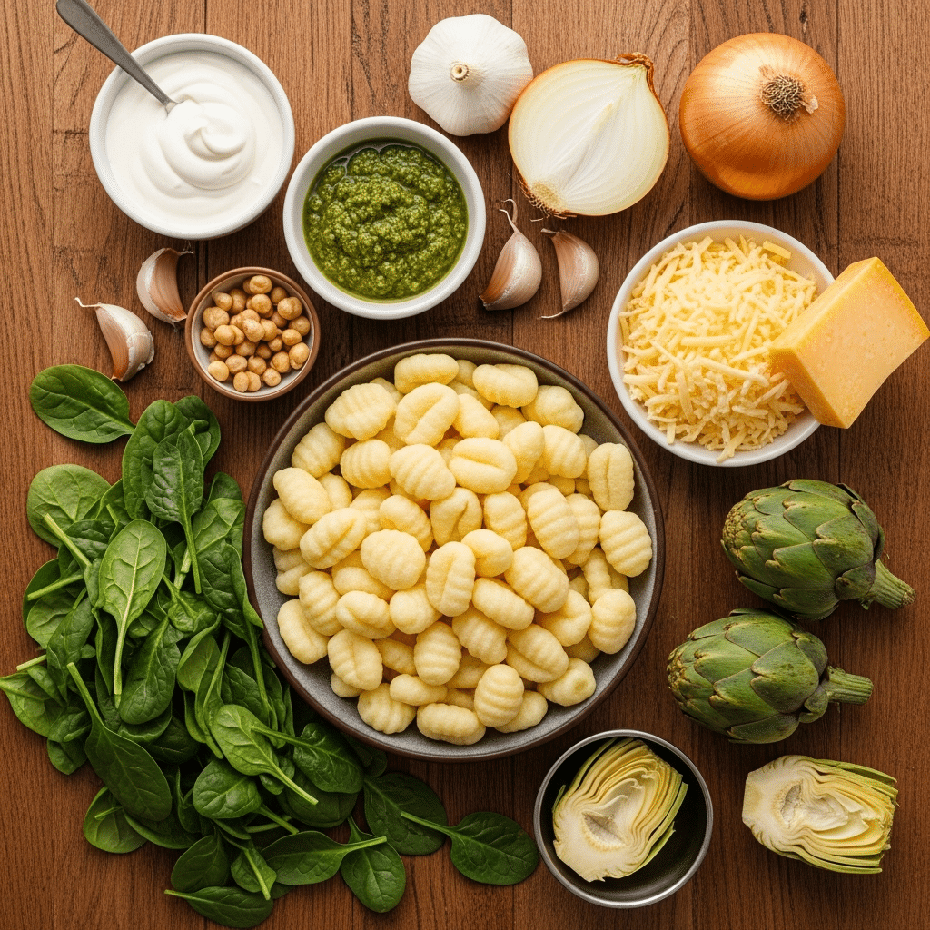 Spinach and Artichoke Gnocchi Bake ingredients flat lay