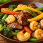 Steak and Shrimp Stir Fry with colorful veggies in a wok