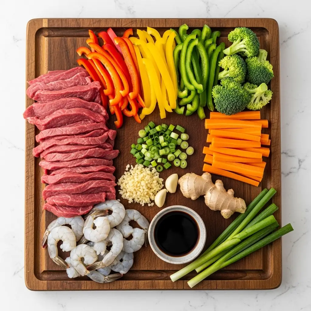 Ingredients for Steak and Shrimp Stir Fry on cutting board