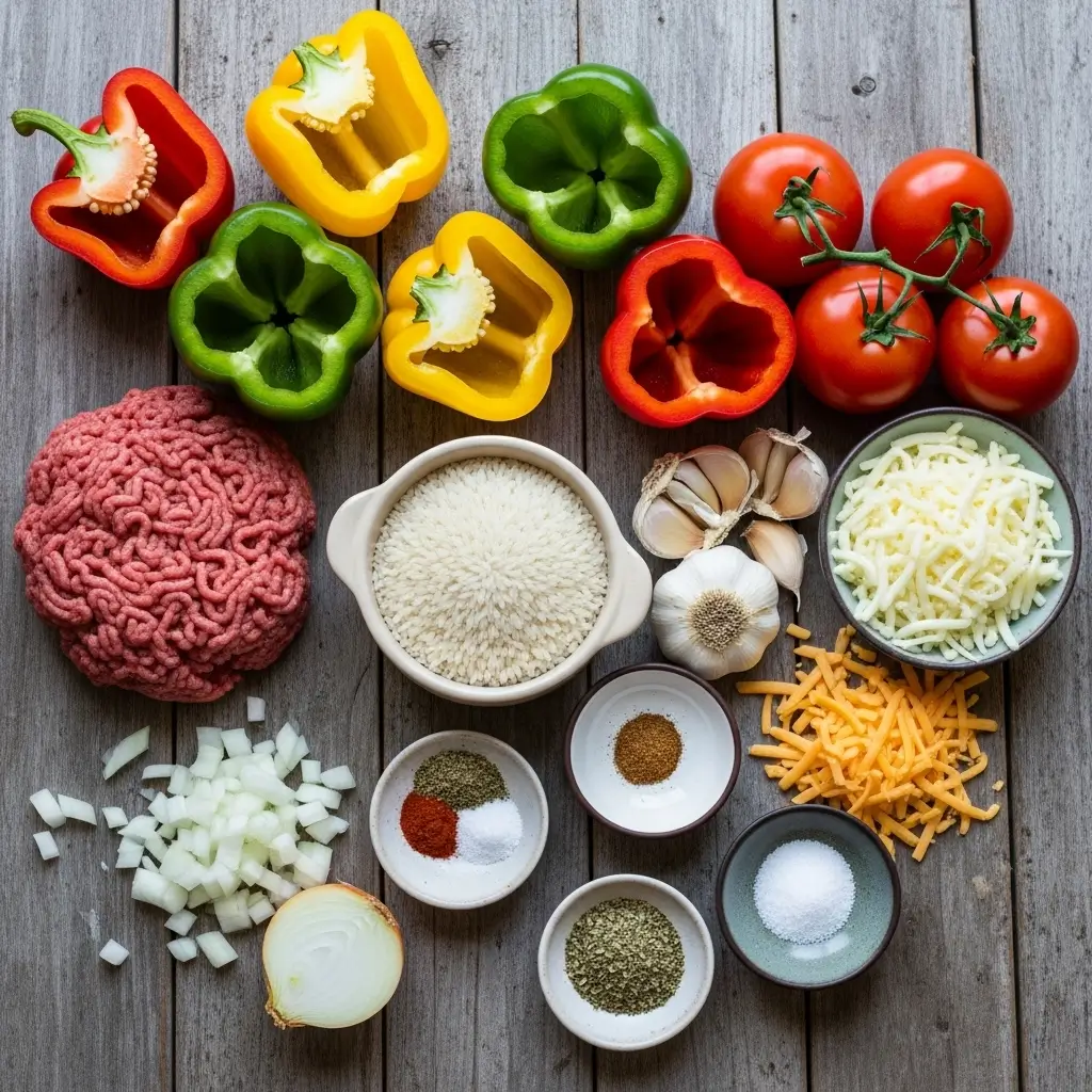Ingredients for Pioneer Woman stuffed pepper casserole