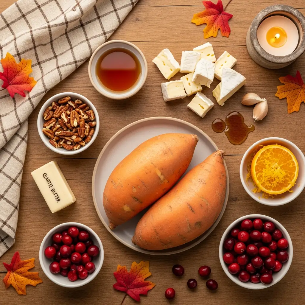 Ingredients for Maple Pecan & Brie Stuffed Sweet Potatoes with Cranberry Glaze