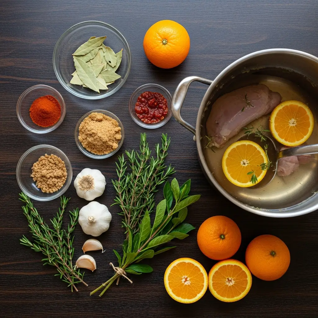 Ingredients for turkey brine recipe on wooden table