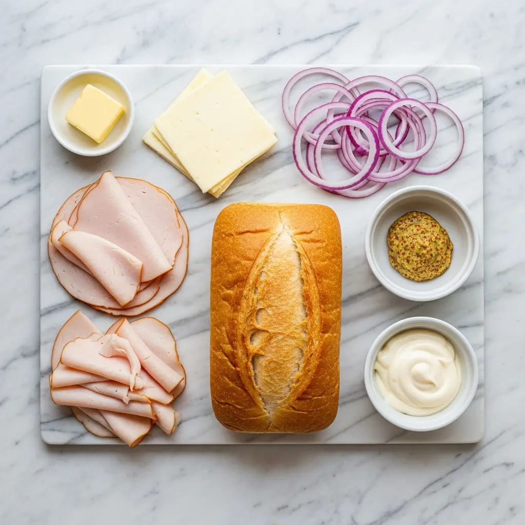 Ingredients for Turkey Dijon Melt Sandwich laid out on a kitchen counter
