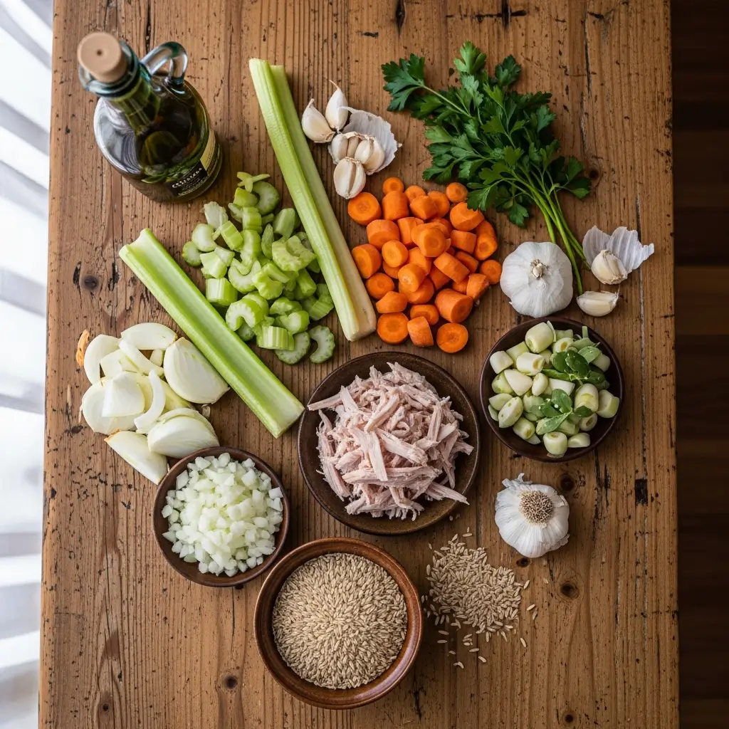Ingredients for Turkey Rice Soup Recipe laid out